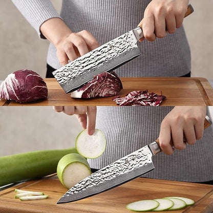 Wakoli Damascus Knife Block Set – 4-Piece Professional Chef Knife Collection with Magnetic Block | Genuine 67-Layer Damascus Steel Blades with VG10 Core | Ergonomic Zebrawood Handles