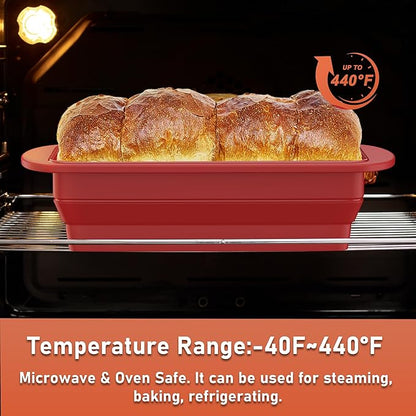 2 Packs of Collapsible Silicone Bread Loaf Pan With Foldable Function and Metal Reinforced Frame,Rectangular Non-Stick Baking Mold Pans for Oven, Bread, Cake, Easy Release(9"x4"x2.5", Red, 2 Pieces)