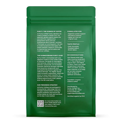 Purity Coffee EASE Dark Roast Ground Coffee for Low Acidity - USDA Organic and Third-Party Tested for Antioxidants, Mold, Mycotoxins and Pesticides - 12oz (Purity Ease, dark_roast) | Ground| EASE