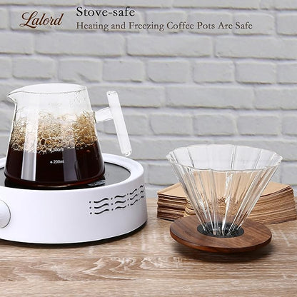 Pour Over Coffee Maker, 20 oz Borosilicate Glass Set with 100 pcs Paper Filter, Walnut Collar & Glass Lid, Drip Coffee Maker, 1-3 Cups, Clear, 600 ml, Petal Shape