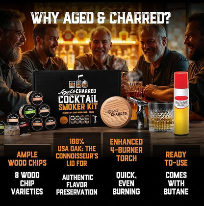 Whiskey Smoker Kit with Torch and Butane - 8 Flavors Wood Chips, 100% USA Oak Smoker, High-End Set - Cocktail Smoker Kit for Drinks - Old Fashioned Bourbon Smoker Gift Set for Men