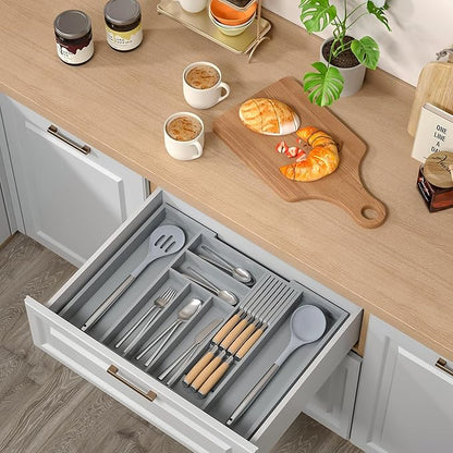 Bamboo-Silverware-Drawer-Organizer-Kitchen, Expandable Utensil Holder Cutlery Tray Flatware Organization Adjustable Wood Tableware Dividers Storage (with Removable Knife Block)(Grey)