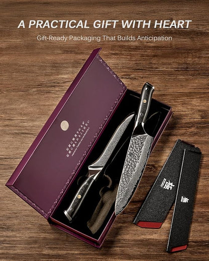 KYOKU Knife Set, 2pc Japanese Kitchen Knife Set for Cooking, 7" Boning 8" Chef Knife with Sheath Gift Box, Professional Sharp Damascus Stainless Steel Knives for Meat Vegetable