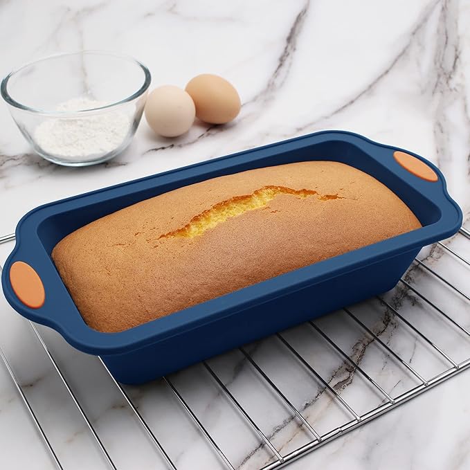 To encounter 8 in 1 Silicone Baking Set - 6 Cake Molds - 2 Silicone Baking Mat, Nonstick Cookie Sheet, Cake Muffin Bread Pan with Grips and Metal Reinforced Frame More Strength, Navy Blue
