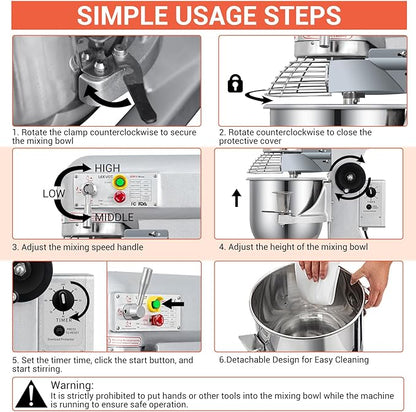 10 QT Dough Mixer, Food Commercial Industrial Grade Stand Mixer with Stainless Steel Bowl and 3 Types of Mixing Tools, Built for Professional Baking: Effortlessly Handles Large Recipes