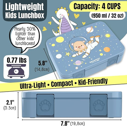 Kids Lunch Box with Compartments – Compact & Lightweight | Leak-Proof, BPA-Free, Dishwasher & Microwave Safe | Hand-Drawn Design for Preschool, School, Travel (Astro Bear Blue, 4 Cups)