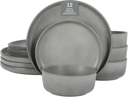 Gibson Elite Pasco 12 Piece (Service for 4) Plates and Bowls Reactive Glaze Dishes Stoneware Ceramic Dinnerware Set - Grey