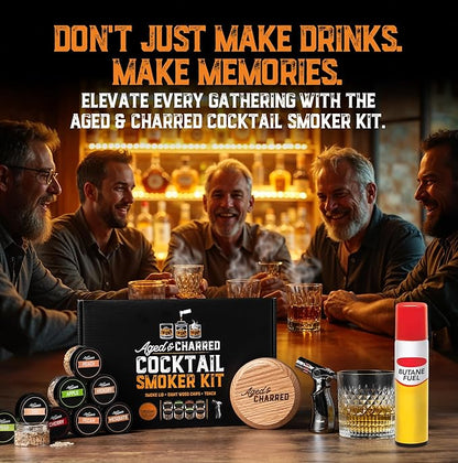Whiskey Smoker Kit with Torch and Butane - 8 Flavors Wood Chips, 100% USA Oak Smoker, High-End Set - Cocktail Smoker Kit for Drinks - Old Fashioned Bourbon Smoker Gift Set for Men