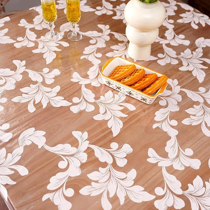 Vinyl Table Cloth Square Clear Table Cover Protector with Block Printed Pattern Oil Spill Proof Farmhouse Rustic Plastic Table Covers for Dining Tables (Scroll Grass, 55 x 55 Inches)