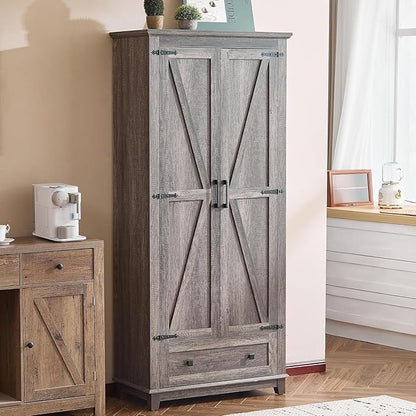 AMERLIFE 2 Pcs Farmhouse Kitchen Pantry Cabinet, 72" Tall Storage Cabinet with Adjustable Shelves & Barn Doors & Drawer, Freestanding Kitchen Cupboard for Dining Room, Living Room, Rustic Grey