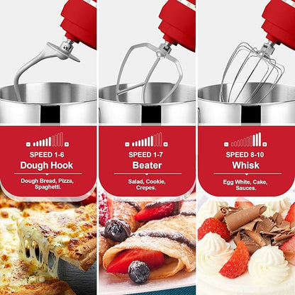 Kitchen in the box 7QT 900W 10-Speed Stand Mixer, Tilt-Head Kitchen Electric Mixer with Dough Hook, Whisk & Flat Beater(Red)