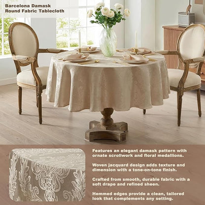 Newbridge Barcelona Luxury Damask Fabric Tablecloth, 70” Round, Golden Beige, 100% Polyester, No Iron, Soil Resistant Dining Room, Party and Banquet Table Cover