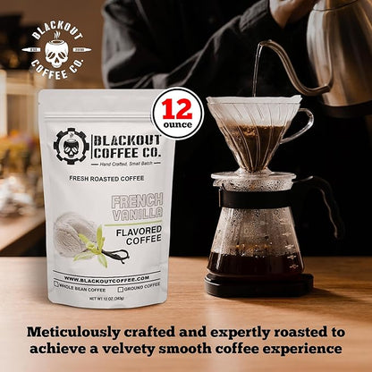 Blackout Coffee French Vanilla Flavored Ground Coffee – Smooth Taste, Guilt-Free Indulgence – Freshly Roasted 12oz Pouch, American Made