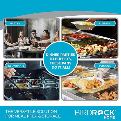 BIRDROCK HOME Stainless Steel Steam Table Pan - Hotel, Restaurant & Catering Supplies - 24 Gauge Steel, 2.6 qt Capacity - Meal Prep, Cooking, & Food Storage Container - 6" Depth, 1/6-Size (6 Pack)