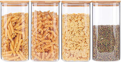 Glass Storage Containers with Lids, Glass Jars with Bamboo Lids, Large Food Storage Jar, Sugar, Pantry Storage Container for Pasta Rice Flour Oats Nuts Tea Spice (Square 54oz 4pack)