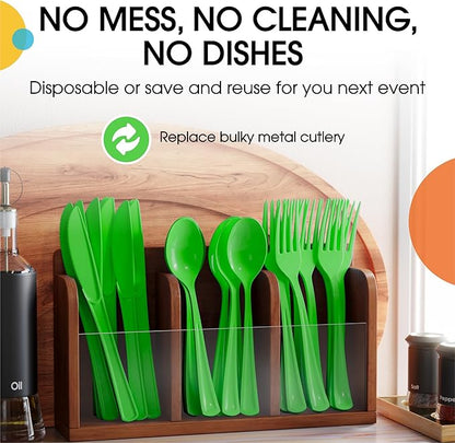 Party Solids Lime Green Plastic Silverware Heavy Duty 150 Pcs Lime Green Plastic Cutlery Sets, Utensil Sets, 50 Of Each Forks, Knives & Spoons Disposable Cutlery Set, Flatware Set For Party Supplies