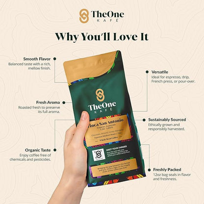 TheOne Kafé Guatemala Medium Roast Whole Bean Coffee – Organic, Single Origin, Premium Specialty Coffee and Ethically Sourced – Fresh Roasted for Espresso, Drip, Pour Over – 12 oz (Pack of 2)