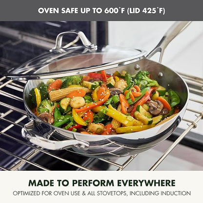 GreenPan Valencia Tri-Ply Stainless Steel 12" Wok Pan with Lid, Induction Ready Skillet, Mirror Finish, Dishwasher Safe & Oven/Broiler Safe to 600F, Compatible with All Cooktops, Silver
