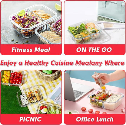 VERONES 10 Pack Glass Meal Prep Containers 2 Compartment Set, 36OZ Airtight Lunch Containers, Glass Food Storage Containers with Lids, for Microwave, Oven, Freezer & Dishwasher Friendly,Red