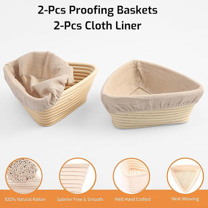 Triangle Bread Proofing Basket - Sourdough Basket, Rattan - Starter Kit for Baking Triangle Loaves- Gift Set
