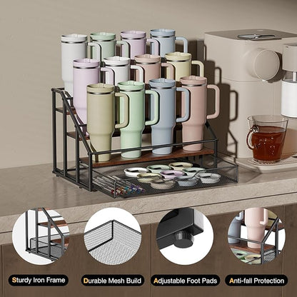 MOJOHAND Water Bottle Organizer for Stanley, 4-Tier 12 Bottles Rack with Storage Basket for Cup Accessories, Large Tumbler Holder Stand, Water Bottle Holder Wine Rack