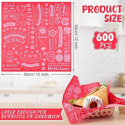 Outus 600 Pcs 12 x 12 Inch Deli Wax Paper Sheets Grease Resistant Tray Basket Liners Newsprint Paper Water and Grease Proof Sandwich Wrapping Square Hot Dog Wrappers for Food Baking (Red)