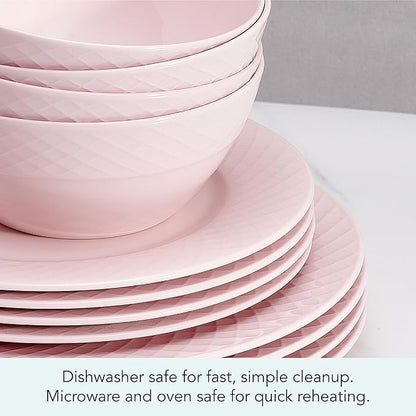 Miksa Trellis Pink Bone China Chip Resistant Lightweight 12 Piece Dinnerware Set, Service for 4