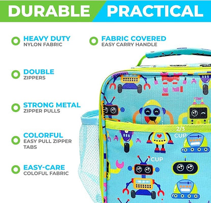 kinsho Bento Lunch Box and Insulated Bag, Water Bottle & Ice Pack Set for Kids Toddlers, 4 Portion Sections, Removable Tray, PreSchool Kid Toddler Daycare Lunches, Snack Container, Robot