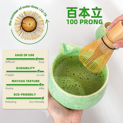 TEANAGOO Matcha Whisk Set,7 Pcs Matcha Set Green,Ceremony Matcha Kit,Matcha Tea Set for Making Latte,Ceramic Bowl(chawan) whith Spout and Whisk,Gift for Matcha Lovers