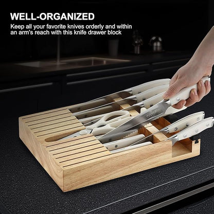 In-drawer Knife Block Set, 16PCS Kitchen Knife Set with Wooden Block, Chopping Knives Set, Stainless Steel Knife Block Set, Sharp Cooking Knife Set with Cutting Board, Rust Proof, White