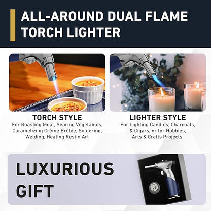 Dual Flame Butane Torch Gun - Refillable Luxury Hand Held Mini Blow Torch for Cooking, Creme Brulee, Soldering, Welding, & Resin Art - Adjustable Flame with Ignition Lock - Steel Blue by inZaynity