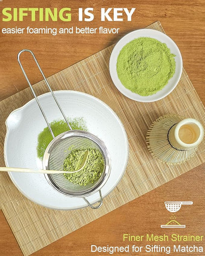 Matcha Whisk Set with Matcha Bowl, Matcha Whisk Holder Matcha Bamboo Whisk, Scoop, Sifter, Unique Gifts for Women Men Girl Friend Home Kitchen Decor（white）