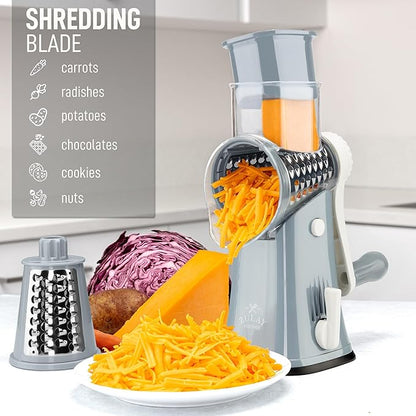 Zulay Kitchen Rotary Cheese Grater 5 Blade Cheese Shredder - Manual Hand Crank Cheese Grater With Reinforced Suction & 5 Interchangeable Drums - Easy to Use, Vegetable Chopper Round Mandoline Slicer