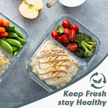 VERONES 10 Pack Glass Meal Prep Containers 2 Compartment Set, 30 OZ Airtight Glass Lunch Containers, Glass Food Storage Containers with Lids, for Microwave, Oven, Freezer & Dishwasher Friendly，Grey