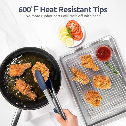 600ºF Heat Resistant Kitchen Tongs: U-Taste 9+12 inch Silicone Cooking Tong Set with Firm Sealed Non Stick Rubber Tips and Silicon Coated 18/8 Stainless Steel Handle for Serving Grilling-Midnight Blue
