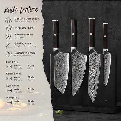 Wakoli Damascus Chef Knife Set with Magnetic Block – 4-Piece Professional Kitchen Knife Collection | Genuine 67-Layer Damascus Steel Blades | Ergonomic Dark Oak Wood Handles (Culinary Asia)