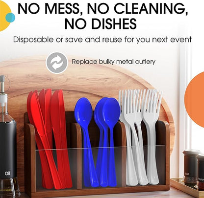Party Solids Patriotic Plastic Silverware Heavy Duty 150 Pieces Patriotic Plastic Cutlery Sets, Utensil Sets, 50 Of Each Forks, Knives & Spoons Disposable Cutlery Set, Flatware Set For Party Supplies