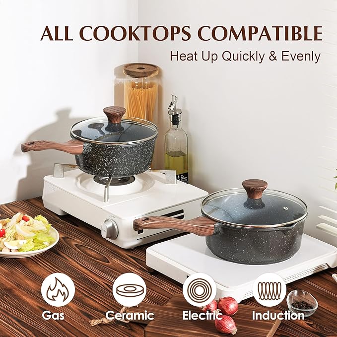 SENSARTE Nonstick Saucepan with Lid, 2.5 Quarts Medium Pot with Swiss Granite Coating, Stay-cool Handle, Sauce Pan Small Kitchen Cooking Pot, Induction Comptable, Free of Intentionally Added PFOA