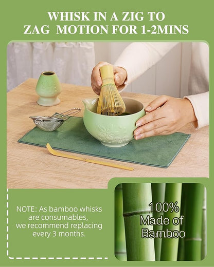 ZENS Matcha Whisk Set, Ceramic Matcha Tea Set with 15oz Sakura Bowl and Bamboo Whisk & Scoop, (Chasen Holder), Stainless Sifter-Tea Towel, 6pcs Matcha Kit for Matcha Lovers, Green