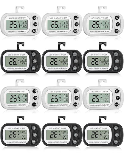Frienda 12 Pack Black and White Digital Fridge Thermometer Waterproof Refrigerator and Freezer Room Max/min Record Function LCD Screen Refrigerator Thermometer with Hook and Magnetic Back for Home