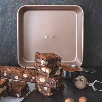 HAPPIELS Nonstick 9x9 Baking Pan | PFOA & BPA Free Non Toxic 9 x 9 Inch Cake & Brownie Pan | Best Nontoxic Square 9x9 inches Pans for Baking | Non Stick Carbon Steel Gold Baking Ware