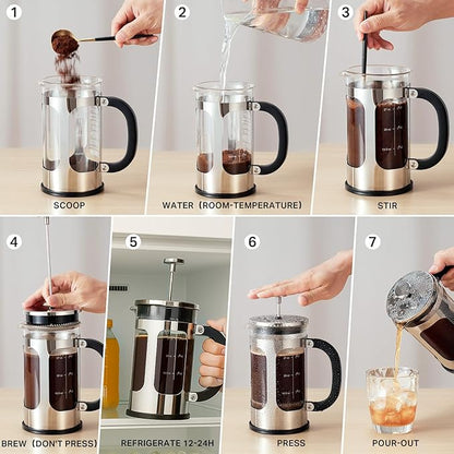 BAYKA 34oz French Press Cold Brew Coffee Maker, Heat and Cold Resistant Thickened Borosilicate Glass Stainless Steel Coffee Press, Iced Coffee Pot Tea Pitcher for Kitchen Travel Camping,1 Liter,Silver