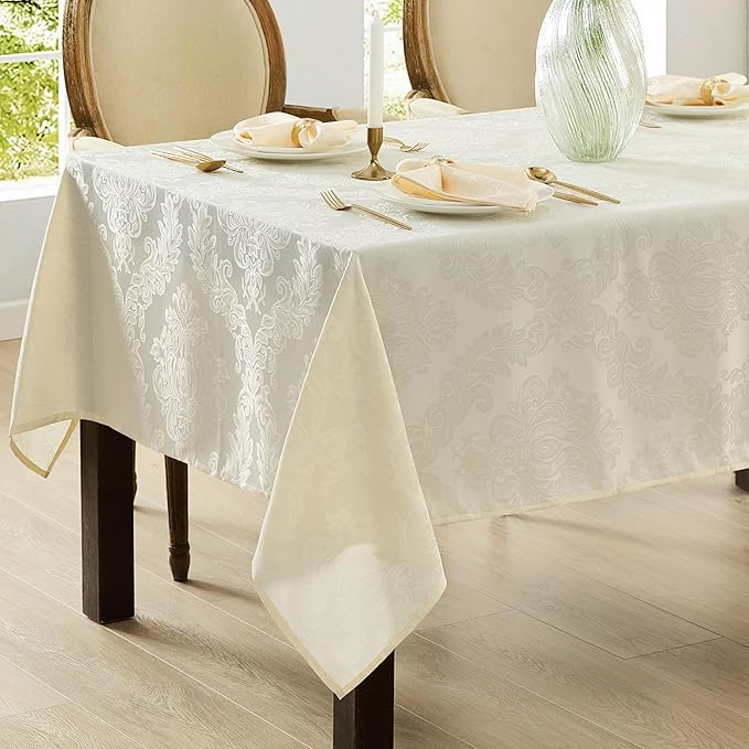 Newbridge Barcelona Luxury Damask Fabric Tablecloth, 60” Wide x 84” Rectangle, Antique White, 100% Polyester, No Iron, Soil Resistant Dining Room, Party and Banquet Table Cover