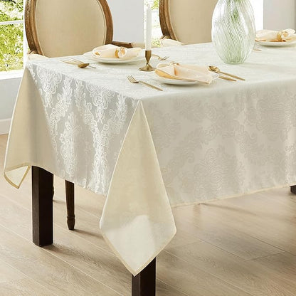 Newbridge Barcelona Luxury Damask Fabric Tablecloth, 70” x 70”, Square, Antique White, 100% Polyester, No Iron, Soil Resistant Dining Room, Party and Banquet Table Cover