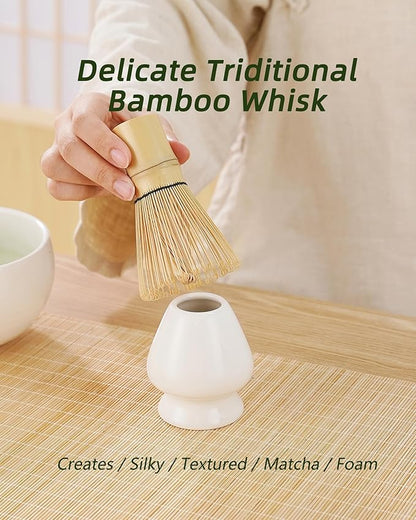 ZENS Matcha Whisk Set, 5pcs Matcha Kit Set Includes Ceramic Bowl, Bamboo Whisk and Chasen Holder, Scoop & Tea Mat，Matcha Tea ceremony Gift for Matcha Lovers, White