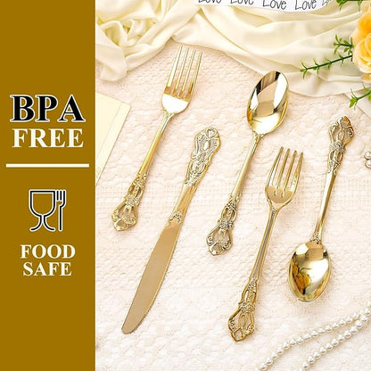 40PCS Gold Plastic Silverware - Heavy Duty Elegant Disposable Utensils - Gold Plastic Cutlery Set Includes 20 Forks, 10 Spoons, 10 Knives for Dinner, Parties, Weddings