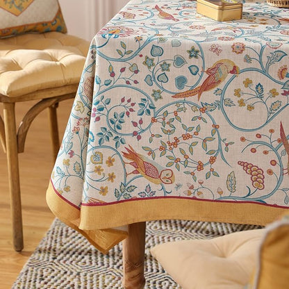patdrea Designer Vintage Long Rectangular Tablecloth,French Floral Birds Pattern Linen Table Cloth,Yellow Decorative Cover for Kitchen Dining Banquet,Christmas,Thanksgiving,63"x102"-Magnolia