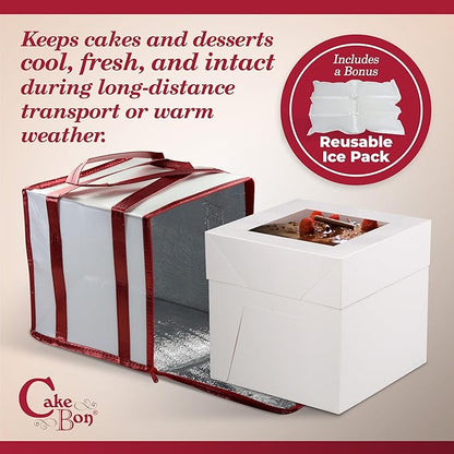 Cakebon Cake Box and Boards, 12-Inch Round Black Wrapped Edges 1/2- Inch Thick Drums with Insulated Bag and Ice Pack – Cake Transport Set, Cooler for Cake Delivery and Transport (1pc Each, 4pcs Total)