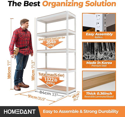 HOMEDANT 5 Tier White Storage Shelves Adjustable Laminated Boltless Garage Metal Shelving Unit Heavy Duty Utility Rack Shelf Warehouse Pantry Closet Kitchen 35.9" W x 16.2" D x 71.3" H White 10Pack