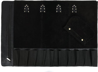 Leather Knife Roll Storage Bag, Elastic and Expandable 10 Pockets, Adjustable/Detachable Shoulder Strap, Travel-Friendly Chef Knife Case (Cerulean Black, Leather)